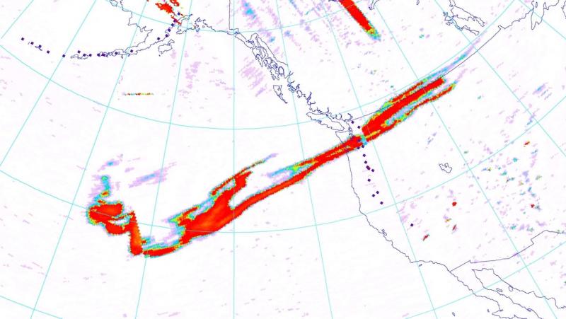 OMI composite image from NOAA showing the extent of the sulfur dioxide gas cloud from the eruption of Okmok Volcano imaged at about 12:00 PM AKDT on July 17, 2008. The large red mass shows the location of the high altitude sulfur dioxide cloud from the main explosive phase on 12 July, 2008. OMI data acquired during this time over Okmok show no sulfur dioxide emitting from the volcano.