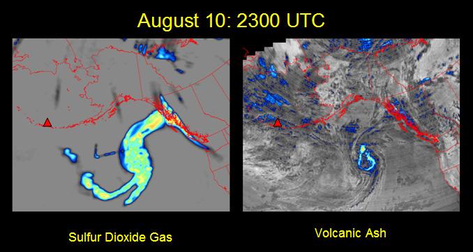 Satellite images collected around 2300 UTC (1500 AKDT) on August 10 showing the sulfur dioxide gas and volcanic ash cloud from the August 7, 2008 eruption of Kasatochi volcano. Please note that area of detected volcanic ash covers a much smaller area than the sulfur dioxide gas cloud; however minor amounts of ash may be associated with the gas cloud.