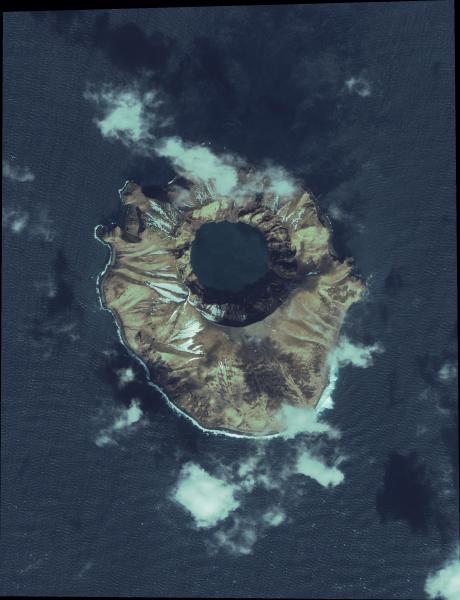 Quickbird true-color satellite image of Kasatochi Island collected on April 9, 2004. Image copyright Digital Globe.