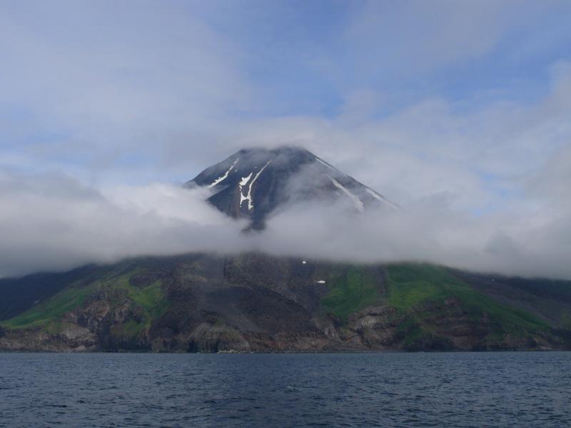 Kanaga volcano, as seen from the Minnow. Photograph courtesy of Bob Webster.