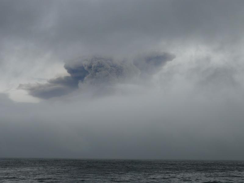 Eruption plume from Cleveland, viewed from the north side of the island, taken July 21, 2008, by Bob Webster, from the sailing vessel Minnow.