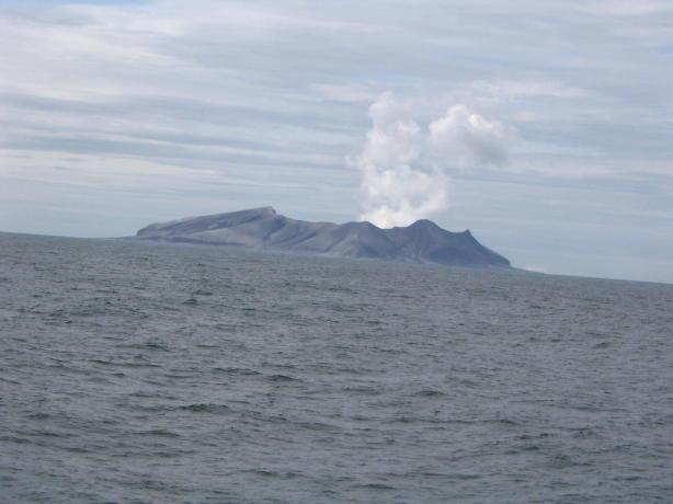 Kasatochi with steam plume taken at 1700hrs on 8/28/08 from approx 3 miles away by J.T. Ford, mate aboard the F/V Baranof.