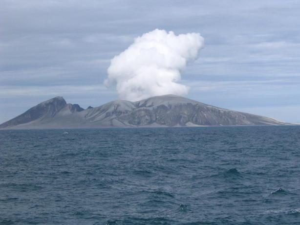 Kasatochi with steam plume taken at 1700hrs on 8/28/08 from approximately 3 miles away by J.T. Ford, mate aboard the F/V Baranof.