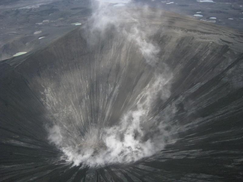 A view down into the steaming crater of the new cinder cone formed during the 2008 eruption of Okmok volcano. 