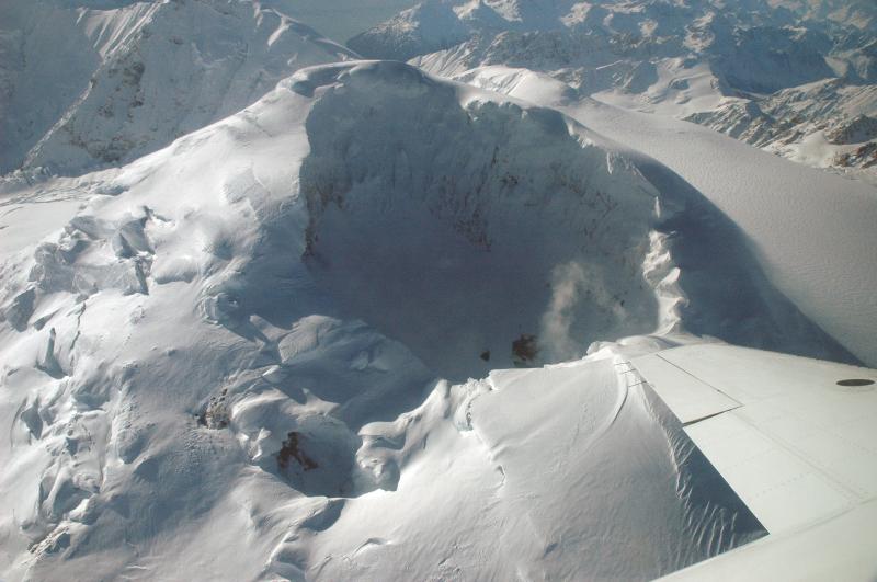 Mt. Spurr summit crater, continues to gradually fill with snow and ice.  Prominent fumaroles persist.