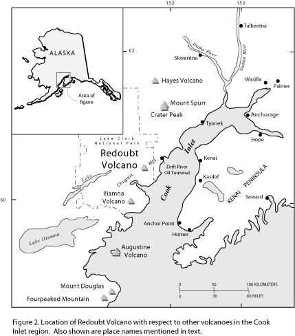Redoubt index map, as published in Waythomas, C. F., Dorava, J. M., Miller, T. P., Neal, C. A., and McGimsey, R. G., 1998, Preliminary volcano-hazard assessment for Redoubt Volcano, Alaska: U.S. Geological Survey Open-File Report OF 98-0857, 40 p., 1 plate.