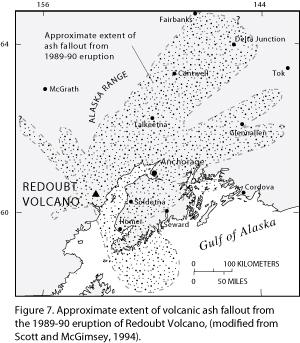 Approximate extent of ash fallout from the 1989-1990 eruptions of Redoubt. Figure from:  Waythomas, C. F., Dorava, J. M., Miller, T. P., Neal, C. A., and McGimsey, R. G., 1998, Preliminary volcano-hazard assessment for Redoubt Volcano, Alaska: U.S. Geological Survey Open-File Report OF 98-0857, 40 p. 