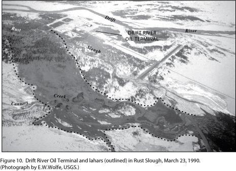Drift River Oil Terminal and lahars (outlined) in Rust Slough, March 23, 1990. Figure from:  Waythomas, C. F., Dorava, J. M., Miller, T. P., Neal, C. A., and McGimsey, R. G., 1998, Preliminary volcano-hazard assessment for Redoubt Volcano, Alaska: U.S. Geological Survey Open-File Report OF 98-0857, 40 p. 