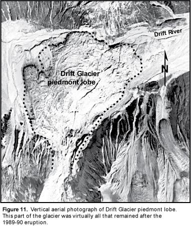 Vertical aerial photograph of Drift Glacier piedmont lobe. This part of the glacier was virtually all that remained after the 1989-90 eruption. Figure from:  Waythomas, C. F., Dorava, J. M., Miller, T. P., Neal, C. A., and McGimsey, R. G., 1998, Preliminary volcano-hazard assessment for Redoubt Volcano, Alaska: U.S. Geological Survey Open-File Report OF 98-0857, 40 p. 