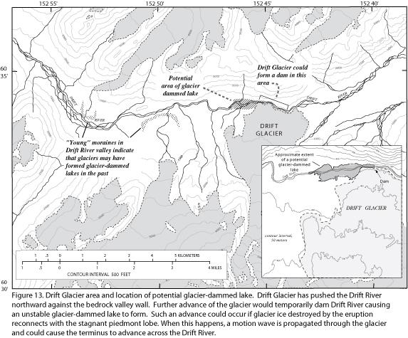 Drift Glacier area and location of potential glacier-dammed lake. Figure from:  Waythomas, C. F., Dorava, J. M., Miller, T. P., Neal, C. A., and McGimsey, R. G., 1998, Preliminary volcano-hazard assessment for Redoubt Volcano, Alaska: U.S. Geological Survey Open-File Report OF 98-0857, 40 p. 