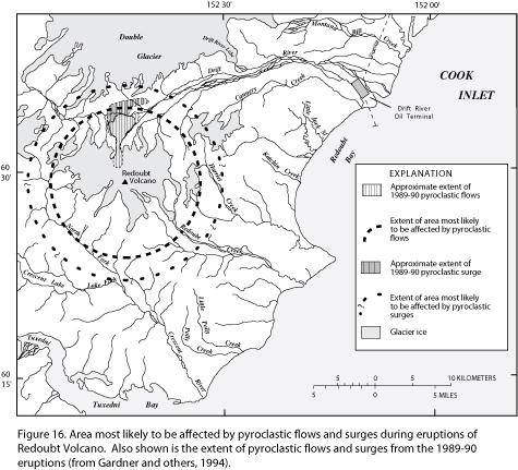 Area most likely to be affected by pyroclastic flows and surges during eruptions of Redoubt Volcano. Figures from:  Waythomas, C. F., Dorava, J. M., Miller, T. P., Neal, C. A., and McGimsey, R. G., 1998, Preliminary volcano-hazard assessment for Redoubt Volcano, Alaska: U.S. Geological Survey Open-File Report OF 98-0857, 40 p. 