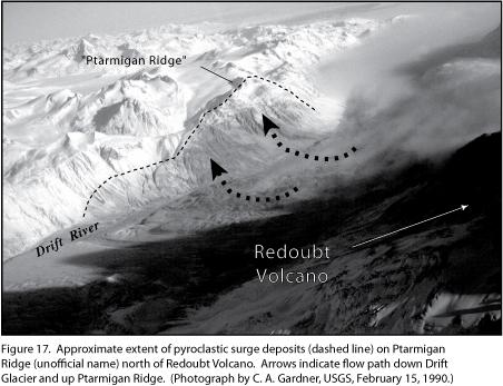 Approximate extent of pyroclastic surge deposits (dashed line) on Ptarmigan Ridge (unofficial name) north of Redoubt Volcano. Figure from:  Waythomas, C. F., Dorava, J. M., Miller, T. P., Neal, C. A., and McGimsey, R. G., 1998, Preliminary volcano-hazard assessment for Redoubt Volcano, Alaska: U.S. Geological Survey Open-File Report OF 98-0857, 40 p. 