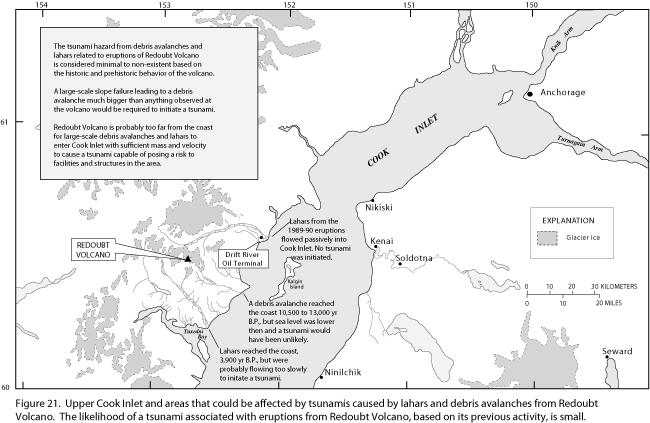 Upper Cook Inlet and areas that could be affected by tsunamis caused by lahars and debris avalanches from Redoubt Volcano. The likelihood of a tsunami associated with eruptions from Redoubt Volcano, based on its previous activity, is small. Figure from:  Waythomas, C. F., Dorava, J. M., Miller, T. P., Neal, C. A., and McGimsey, R. G., 1998, Preliminary volcano-hazard assessment for Redoubt Volcano, Alaska: U.S. Geological Survey Open-File Report OF 98-0857, 40 p. 
