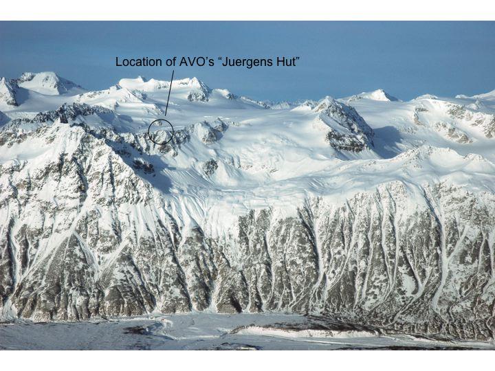 Location of AVO's remote Redoubt Hut (aka "Juergen's Hut") north of Redoubt Volcano.  View is to the north from over the piedmont lobe of Drift Glacier, which heads in the summit crater of Redoubt.  The hut is approximately 7.5 miles (12 km) from Redoubt's summit crater.