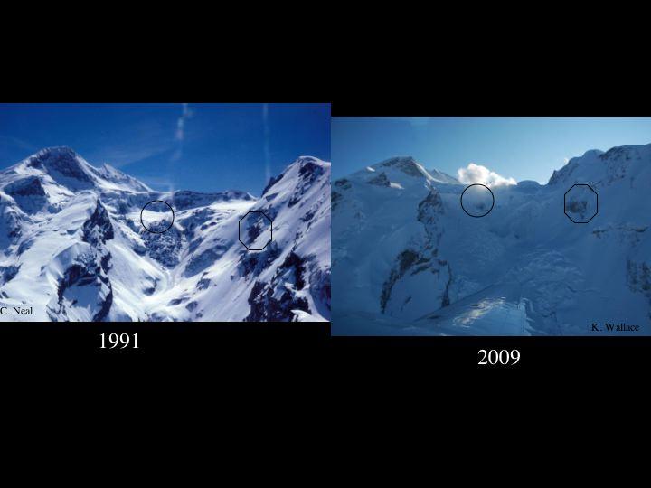 Comparative view of the upper Drift Glacier canyon on north flank of Redoubt Volcano; left image 1991, right image 2009.  Several reference points are marked. Shows amount of ice and snow that now occupies the canyon on, around, and below the 1990 lava dome.				