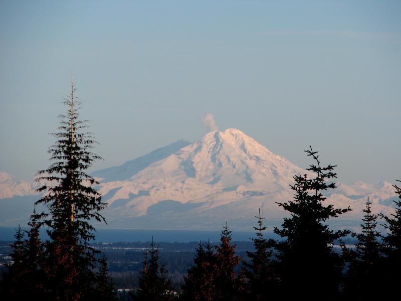 Redoubt steaming on the morning of March 18, 2009. Photograph taken from near Homer, AK, courtesy of Dennis Anderson.				