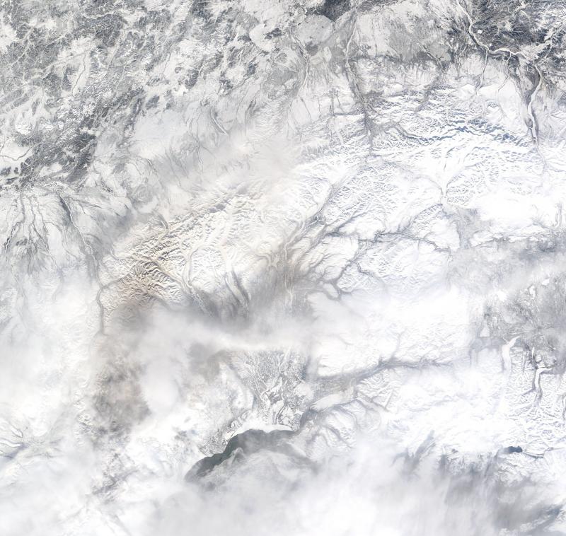 		MODIS image from Terra, 23 March 2009, 2149Z.  Courtesy of GINA.  Ash on the snow to the NNE of Redoubt.		