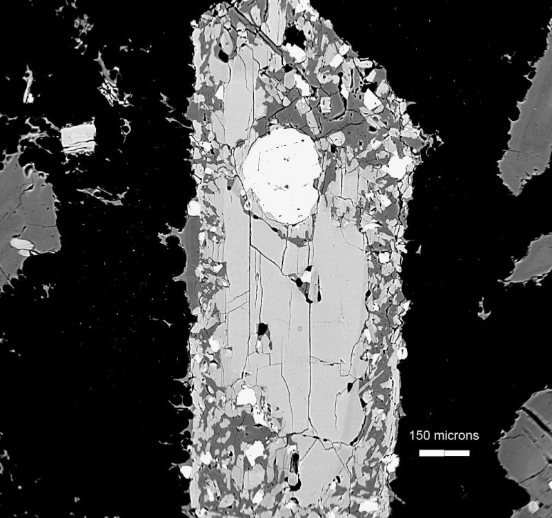 BSE image showing amphibole grain with reaction rim in sample AT-1610.