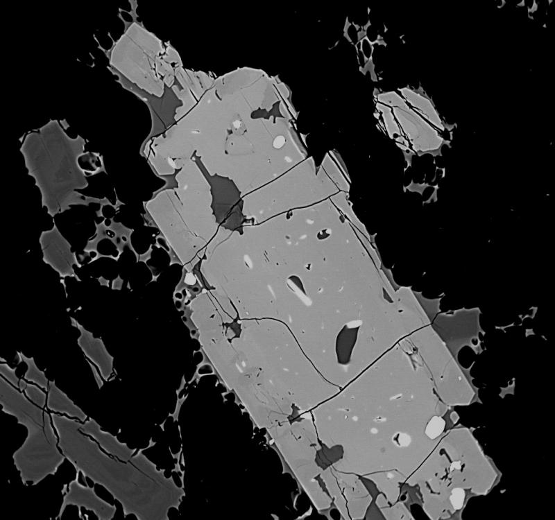 BSE image showing orthopyroxene rimmed with plagioclase from sample AT-1610. 