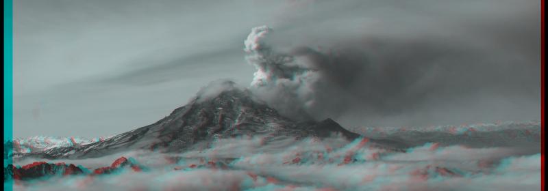 				Anaglyph (3-D) image of Redoubt volcano, as seen on March 31, 2009. Anaglyph creation from AVO photographs is courtesy of Peter Lipschutz. To view this image, please use red-blue glasses (red over the left eye). 	