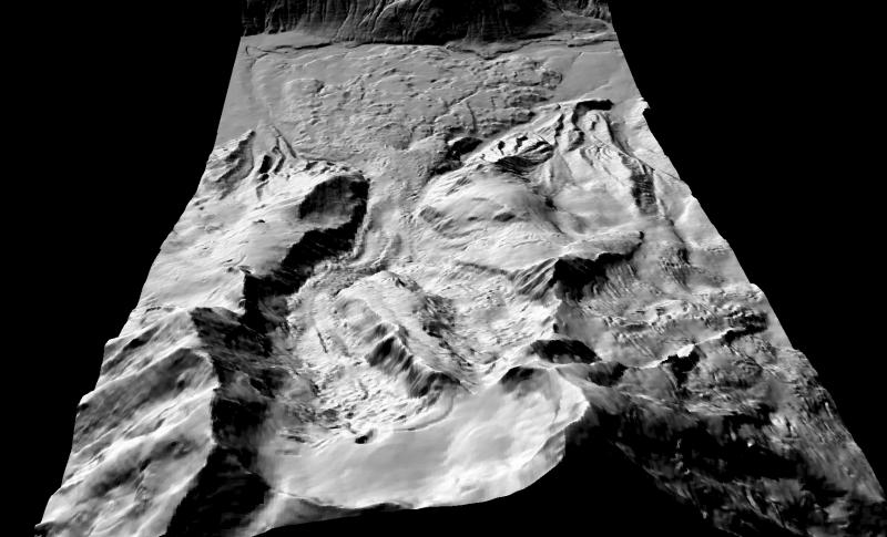 Computer-generated perspective view towards the north of part of Mount Redoubt in 1990. The piedmont lobe of the Drift Glacier is in the upper central part of the image. Gray shaded relief image of Digital Elevation Model (DEM) derived from detailed contours.			
