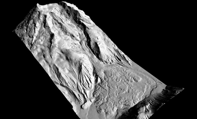 Computer-generated perspective view towards the southwest of part of Mount Redoubt in 1990.  Rendition shows northern part of edifice and Drift Glacier piedmont lobe.  Gray shaded relief image of Digital Elevation Model (DEM) derived from detailed contours. 				