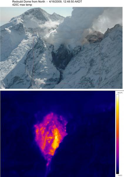 Redoubt Volcano active lava dome taken from the north The top image is an oblique airphoto by Game McGimsey while the bottom shows the FLIR thermal image.