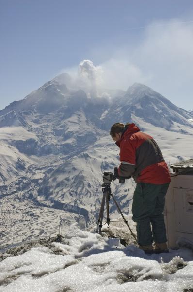 USGS Remote Sensing specialist Rick Wessels acquires FLIR (Forward Looking Infrared Radiometer) imagery of the lava dome in the summit crater of Redoubt Volcano from the research hut (where one of the webcams is located), located 7.5 miles north of the lava dome.