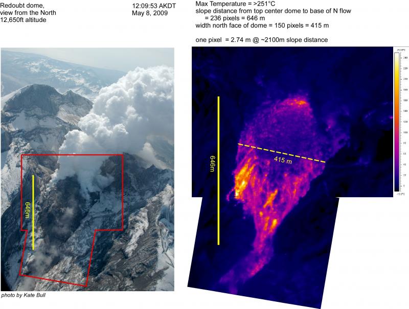 Handheld photo and FLIR Thermal camera views of the Redoubt Volcano lava dome that has been growing since April 4, 2009.  The solid yellow scale show the approximate slope length from the top of the lava dome to the active toe of the northern extension of the dome as measured using the FLIR images.  The dashed yellow scale shows the approximate width of the narrower portion of the dome.  The measurements vary with the viewing geometry and distance from the dome.