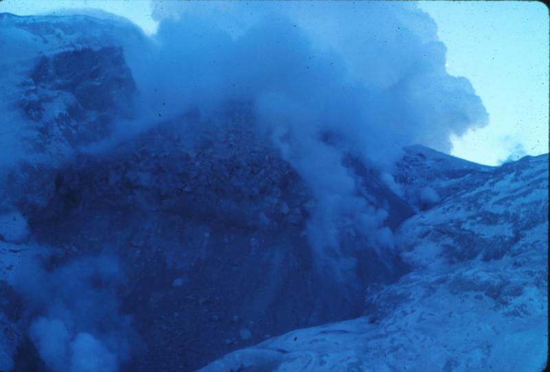 Redoubt lava dome that began growing about 12/19/89 and failed on 1/2/90.  View is from the timelapse camera site at 8200' on west side of gorge.