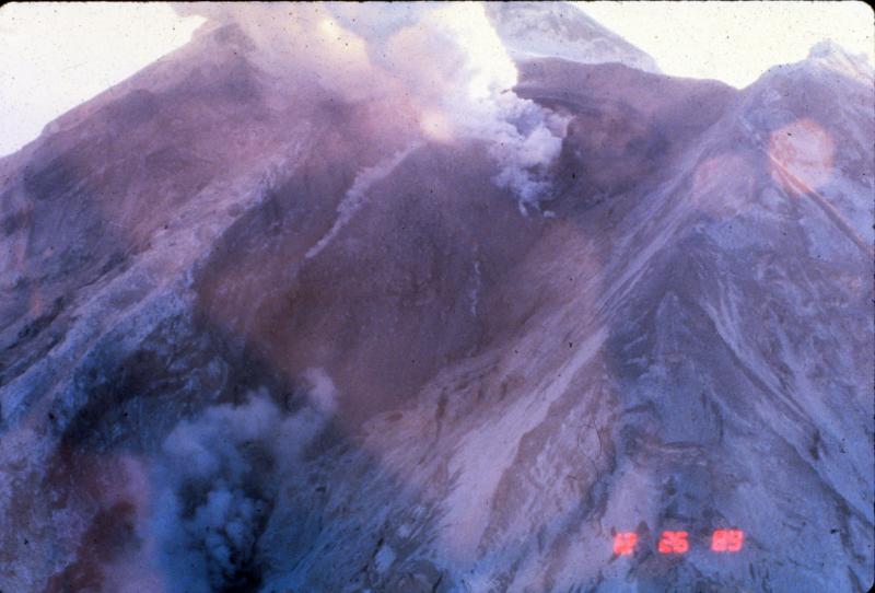 This is a view of the largest lava dome that grew at Redoubt volcano during the 1989-90 eruption.  It grew from about December 16 to January 2, 1990 when it failed and produced the largest lahar of the eruption.  Dome volume was estimated by Tom Miller to be about 30 million cubic meters.