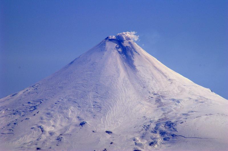 Steaming and minor ash deposition on the upper flanks of Shishaldin Volcano on May 14, 2009.  Photograph by Michael Levine, NOAA Ship OSCAR DYSON
