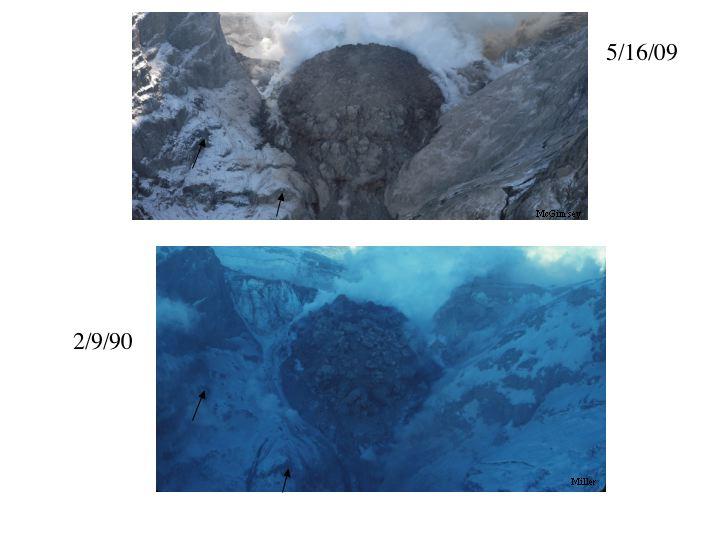 Comparative views of Redoubt lava domes:  The 2/9/90 lava dome (lower) had a considerably more blocky texture than the 5/16/09 dome (upper).  Note that both domes are similar in size and have advanced to nearly the exact same position in the gorge that drains the north flank of the summit crater of Redoubt.  Arrows show reference points in both images. The 2/9/90 image is by Tom Miller.  