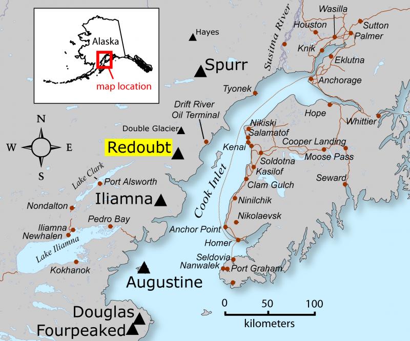 Location of Redoubt volcano, in relationship to surrounding towns, roads, and other volcanoes.