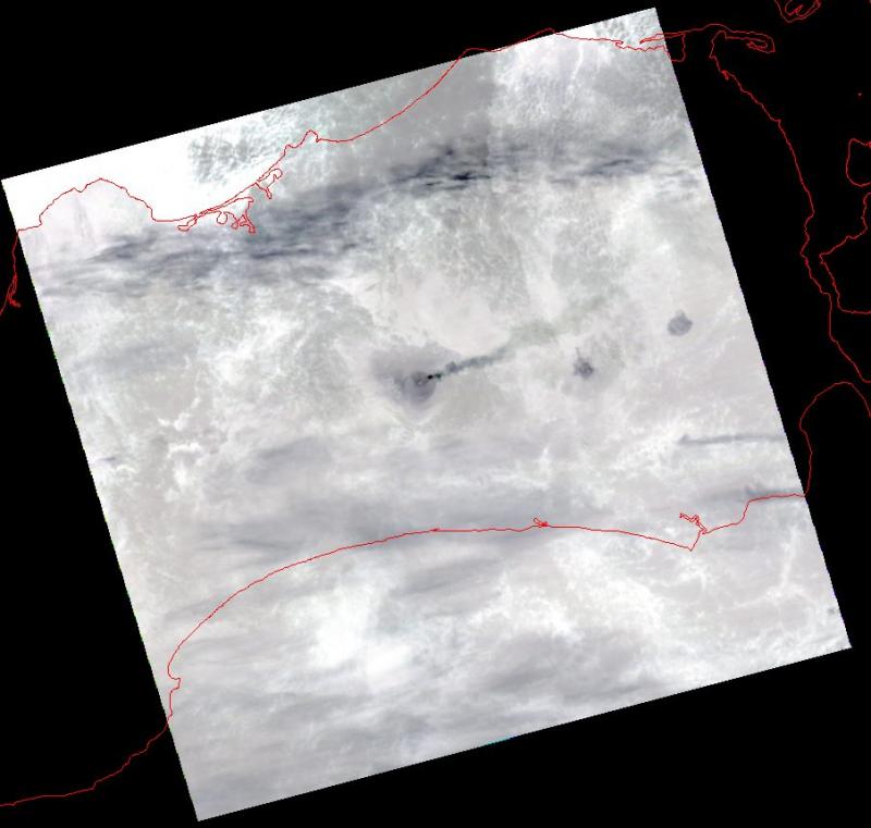 ASTER nighttime thermal infrared image of the eastern part of Unimak Island, AK.  The island is mostly covered by clouds, but the summits of Shishaldin, Isanotski, and Roundtop (left to right) all visible above the cloud deck.	This image also shows a weak thermal anomaly and a 22 km long steam plume at Shishaldin Volcano.