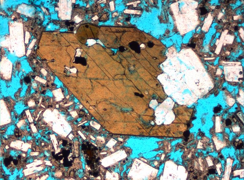 This is a photomicrograph of sample 09RDWES301 - an andesite collected during the Redoubt 2009 eruption. A thin section is created by gluing a small piece of rock on to a glass slide, and then grinding it down to 30 microns (the average human hair is about 100 microns in diameter) thick so that light shines through it when examined under the microscope. 

In this image, the brown crystal in the center is amphibole - and measures about 2.2 mm long. The white rectangles are plagioclase. The blue areas are void space (the epoxy holding the slide together is dyed blue for easy identification of empty areas). The fine-grained matrix holding the larger crystals together is mostly glass, plagioclase, and pyroxene microlites. Examining thin sections helps volcanologists better understand magma interactions, storage, and ascent.