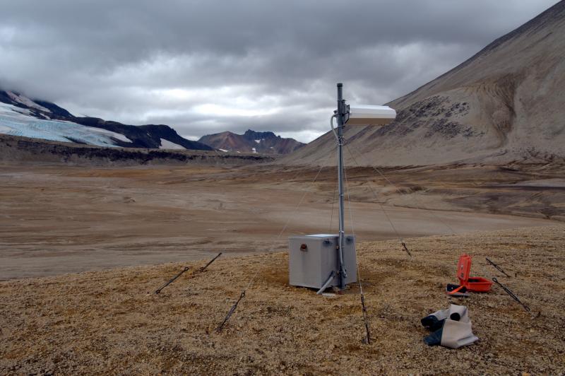 Seismic station KCE in Katmai Pass, Valley of Ten Thousand Smokes, Katmai National Park and Preserve. This station is one of several maintained by the Alaska Volcano Observatory to monitor volcanic activity in the Katmai volcanic cluster. 		