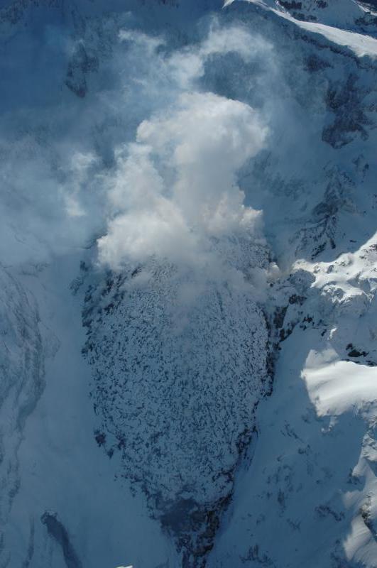 Aerial view from the north of the lava dome in summit crater of Redoubt Volcano.