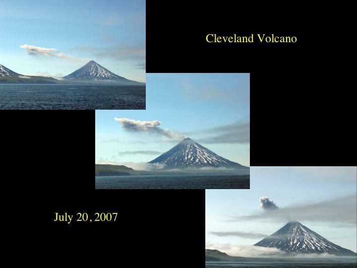 Collage of AVO Database images 13360, 13363, and 13364 that show the development of a small ash plume characteristic of the eruptive activity at Cleveland volcano during the summer of 2007.  Photos taken by  Doug Dasher and Max Hoberg aboard the USFWS research vessel Norseman.  view is from the NE looking SW. 				