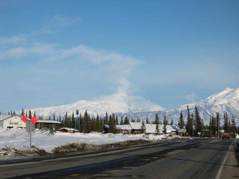 								Apparent plume rising from Mt. Sanford in the Wrangell mountains east of Glennallen. This is either meteorological, or, the result of an ice/snow fall down the 5,000-foot shear south face of Sanford. This view is from Glennallen.