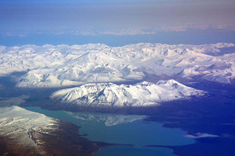 											The Katmai complex, with Naknek Lake in the foreground, Mt. Griggs and the Valley of Ten Thousand smokes in the background.