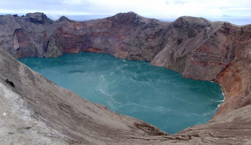 Kasatochi crater about 10 months after the 2008 eruption.		