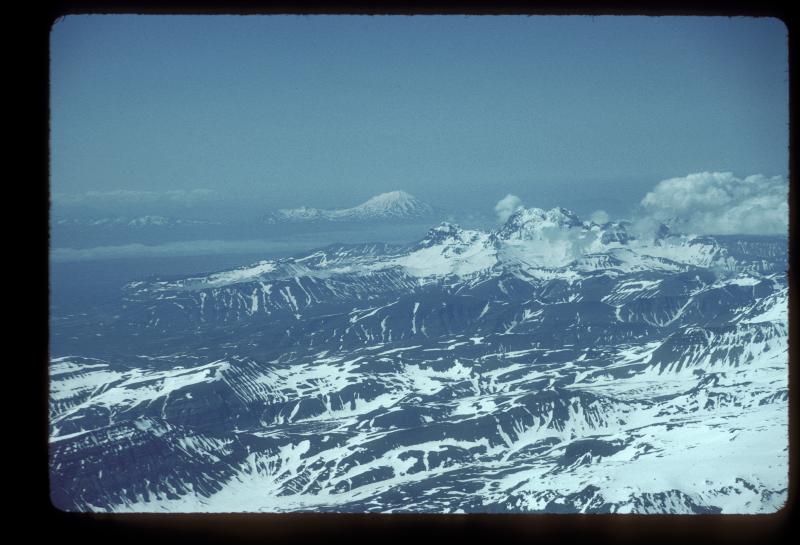 		Peulik and Ugashik Caldera, 1990. 	View south from Kejulik.  	