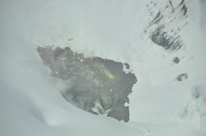 Zoomed-in look at Mt. Spurr's summit crater fumarole field and what remains of the summit lake.