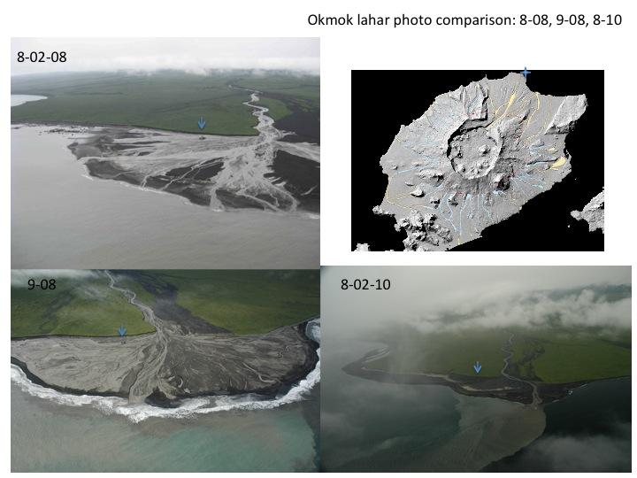 Lahar delta photo comparison. Shows changes in lahar delta size and shape with time spanning August 2008 through July-August 2010. See the inset location map for the location of the delta along the Umnak Island shoreline.