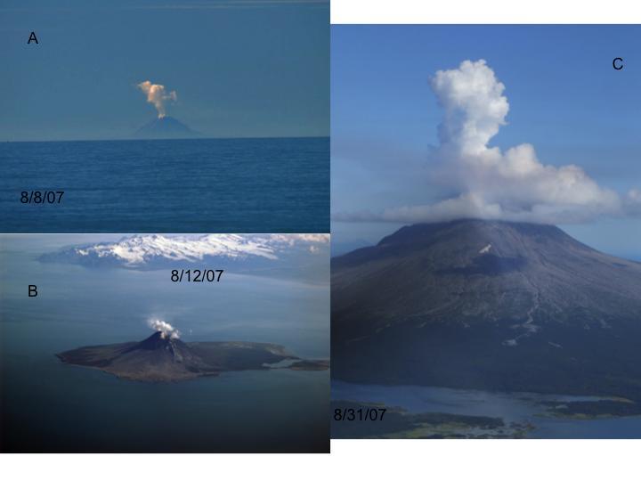 .  Steam plumes rising from Augustine, A) on August 8, 2007, from Ninilchik on the Kenai Peninsula, AVO image #13373, by Marianne Schlegelmilch; B) on August 12, 2007, aerial view from the northwest, AVO image #18610, by Burke Mees; and C) on August 31, 2007, aerial view from the west, AVO image #13559, by Elizabeth Wasserman, National Park Service.  
