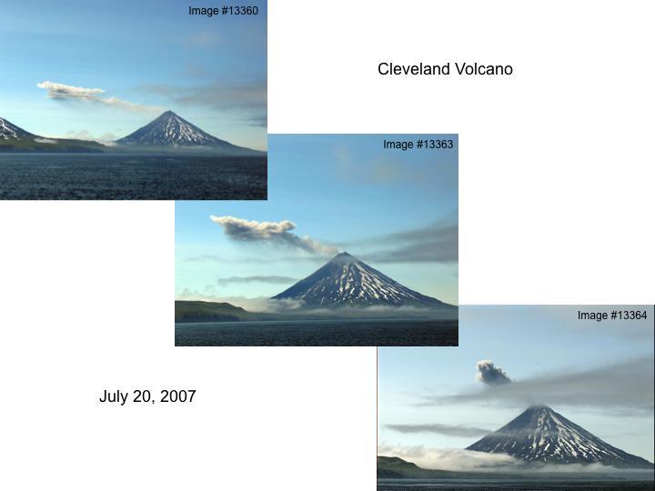 Development of a small, diffuse ash plume at Cleveland Volcano on July 20, 2007, characteristic of the eruptive activity during the summer of 2007. No ash emissions had been detected in satellite data since October 2006, most likely because of the low-level of emissions such as shown in these photographs.  Photographs by Doug Dasher, ADEC, and Max Hoberg, School of Fisheries, UAF, aboard the USFWS research vessel Norseman.  View is from the NE looking SW.  AVO images 13360, 13363, 13364.