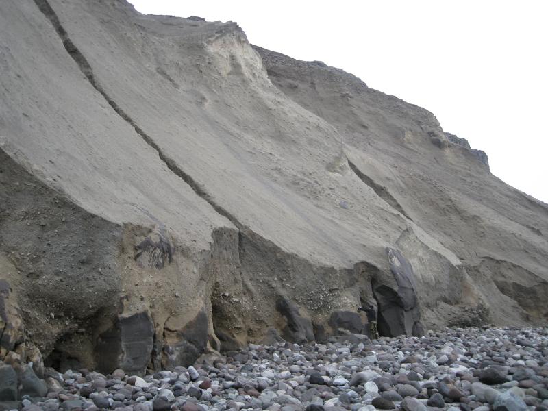 Basal 2008 pyroclastic-flow deposits exposed near Greg's Mighty Rock on ENE coast show pumice-concentration zones; Owen Neill for scale. 