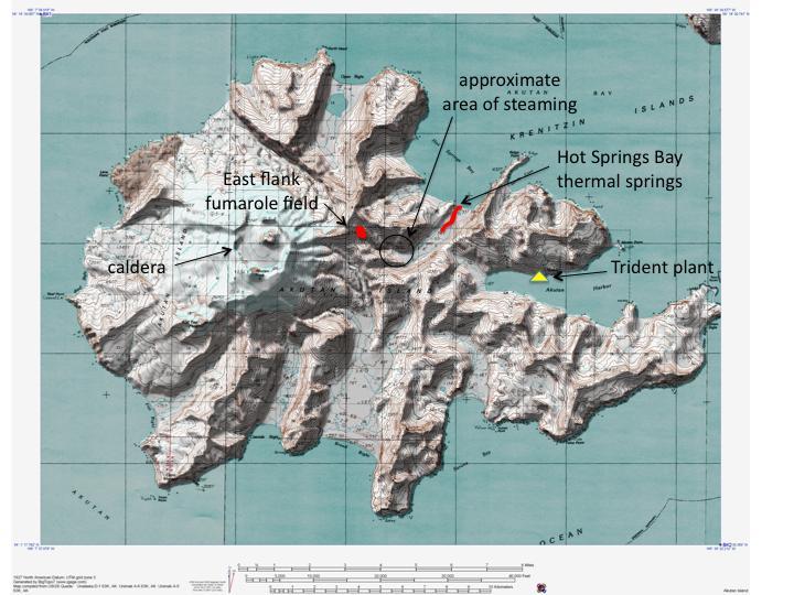 Shaded relief map of Akutan Island showing the caldera, Hot Springs Bay thermal springs, east flank fumarole field, Trident Sea Food plant, and the approximate area of rising steam observed by the plant manager on October 8, 2007.  The city of Akutan is located ~1 km east of the sea food plant.  AVO/USGS, BigTopo 7, and AllTopo 7.
