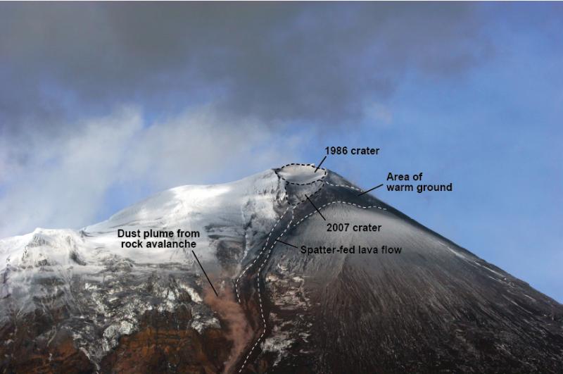 South flank of Pavlof volcano showing the 1986 and 2007 vents, spatter-fed lava flow chute, area of warm ground, and dust/ash plume produced by small rockfall from the recently emplaced lava flow.  Annotated photograph by Chris Waythomas, USGS/AVO, September 19, 2007.				